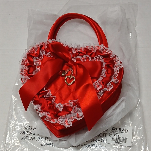 Dolls Kill Sugar Thrillz Heart Of It All Red Satin Quilted Handbag Purse Kawaii - Picture 1 of 11
